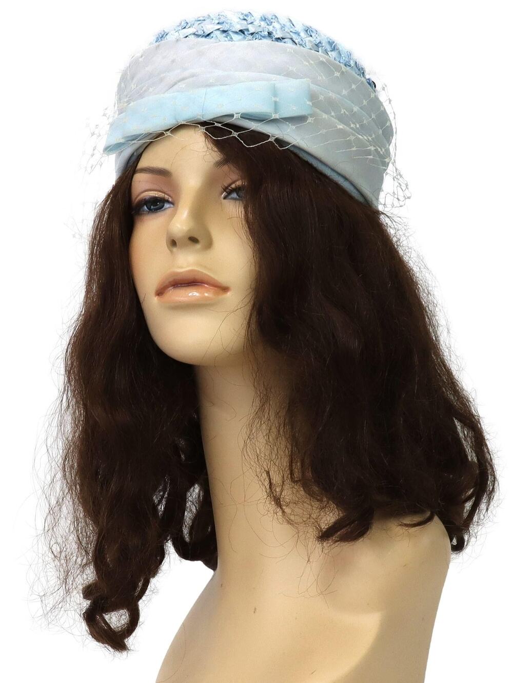 Vintage 1960s Ice Blue Pillbox Hat Veil Chiffon Bow Union Made Fascinator